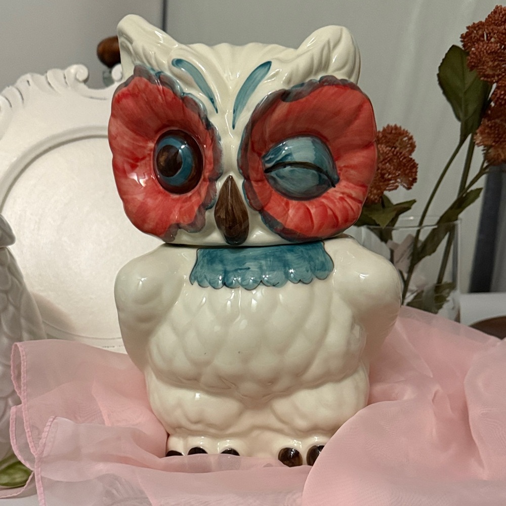 Anthropologie  Owl Cookie Jar - White, Coral & Teal